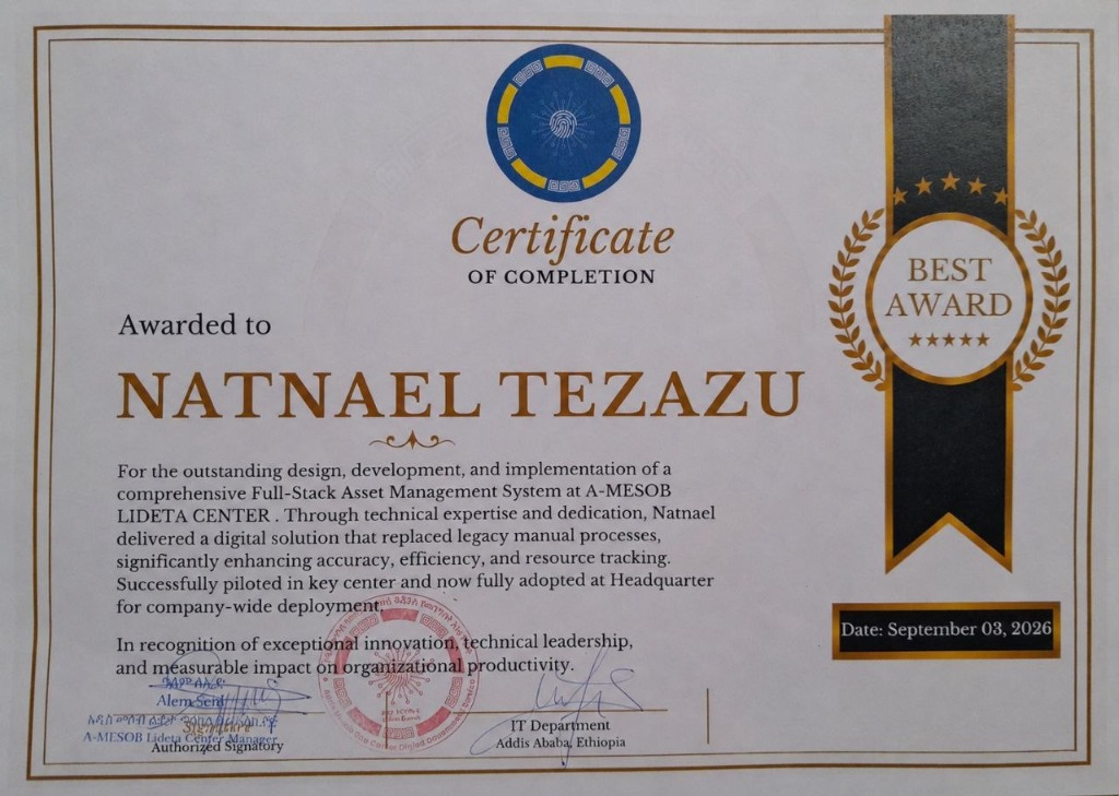 Official Certificate of Completion awarded to Natnael Tezazu by A-MESOB Lideta Center for the Full-Stack Asset Management System