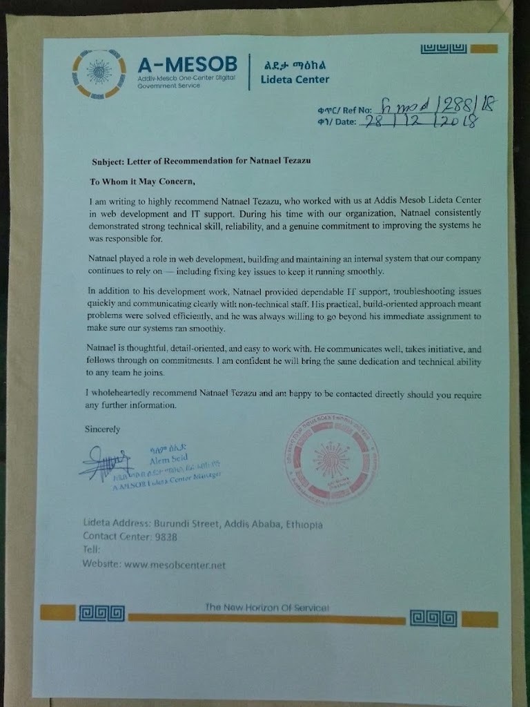 Official Letter of Recommendation for Natnael Tezazu signed by Alem Seid, Manager of A-MESOB Lideta Center